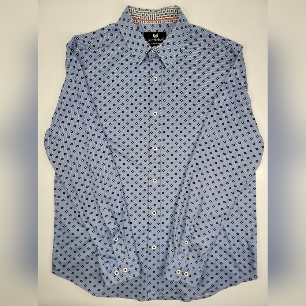 Butter Cloth Icy Cotton Shirt Mens XL Light Blue Geometric Performance Stretch